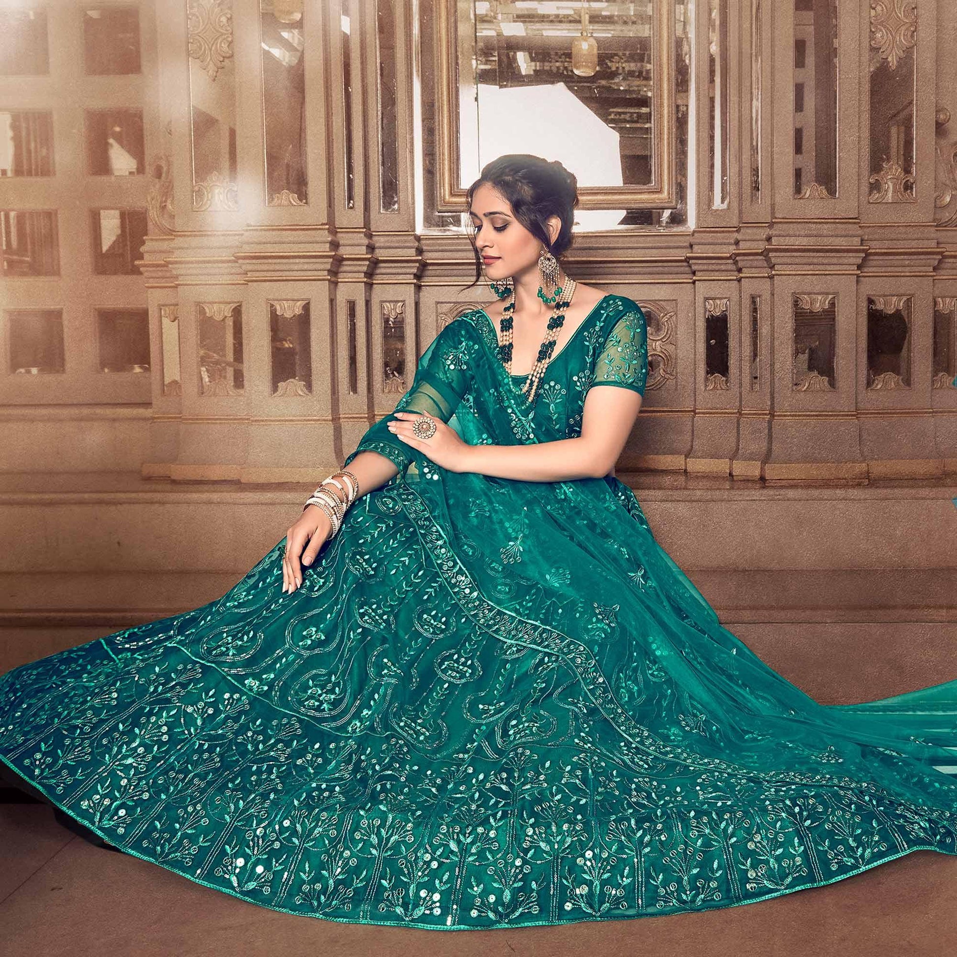 Dark Rama Partywear Thread Sequins Soft Net Lehenga Choli
