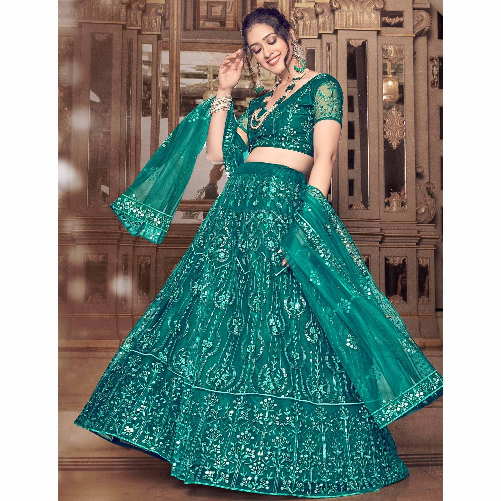 Dark Rama Partywear Thread Sequins Soft Net Lehenga Choli