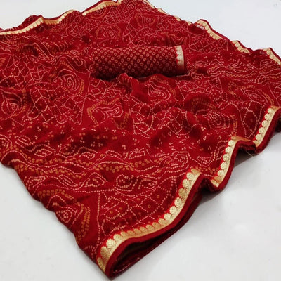 Dark Red Bandhani Printed Georgette Saree