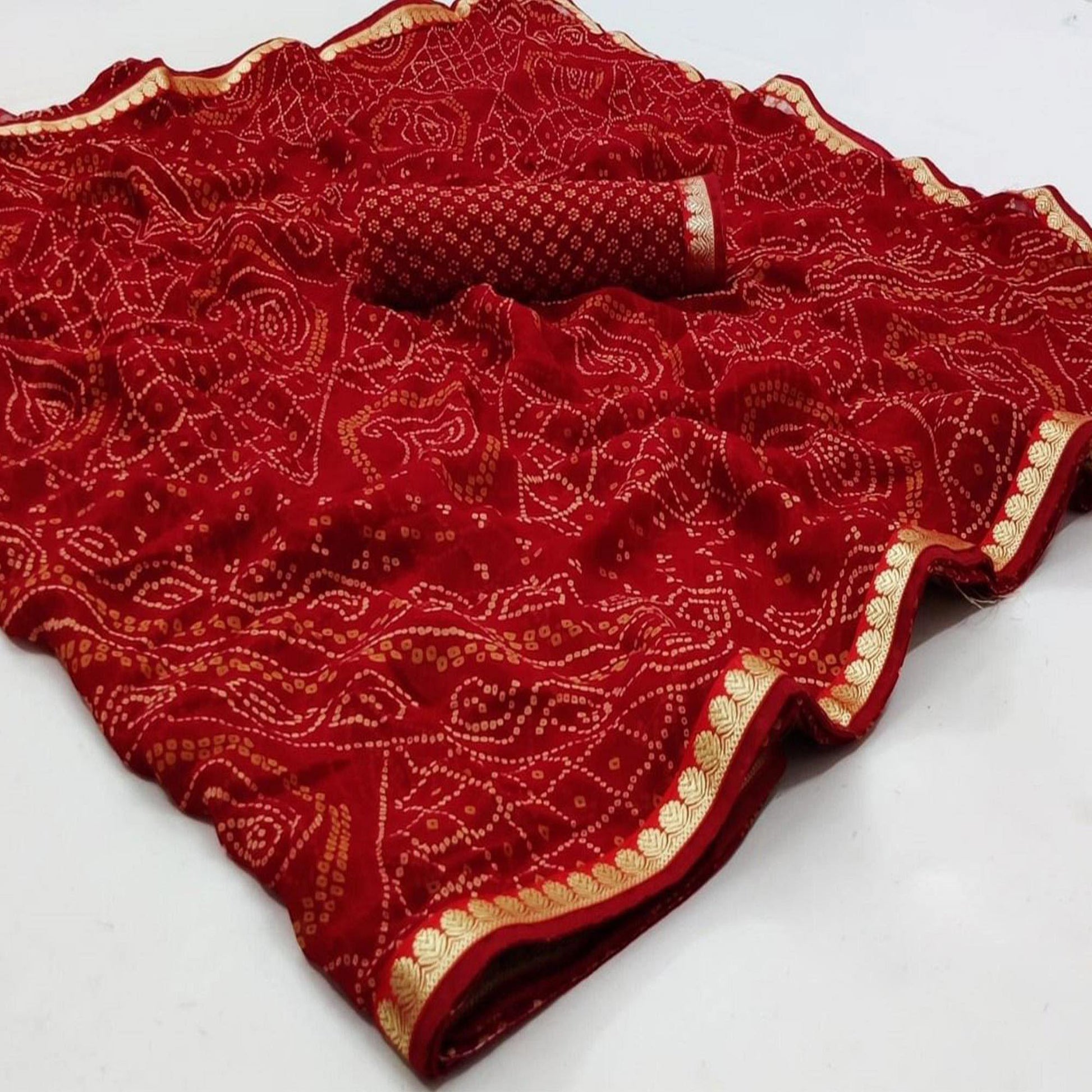 Dark Red Bandhani Printed Georgette Saree