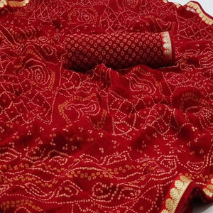 Dark Red Bandhani Printed Georgette Saree
