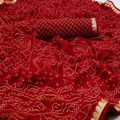 Dark Red Bandhani Printed Georgette Saree