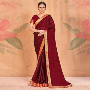 Dark Red Casual Wear Printed Chiffon Saree With Banarasi Lace