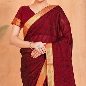 Dark Red Casual Wear Printed Chiffon Saree With Banarasi Lace