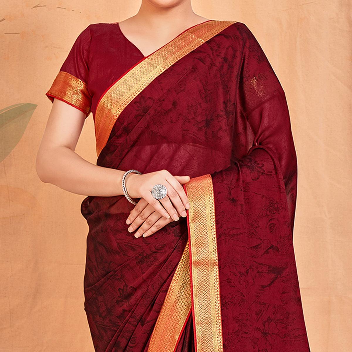 Dark Red Casual Wear Printed Chiffon Saree With Banarasi Lace