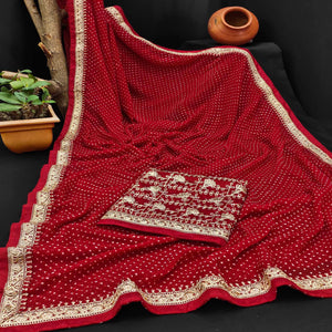 Dark Red Festive Wear Printed With Lace Border Georgette Saree