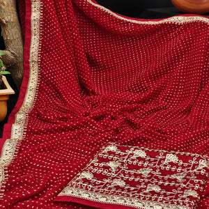 Dark Red Festive Wear Printed With Lace Border Georgette Saree
