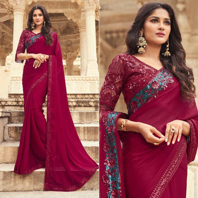 Dark Red Floral Sequins Embroidered Art SIlk Saree