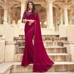 Dark Red Floral Sequins Embroidered Art SIlk Saree