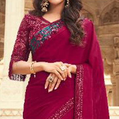 Dark Red Floral Sequins Embroidered Art SIlk Saree
