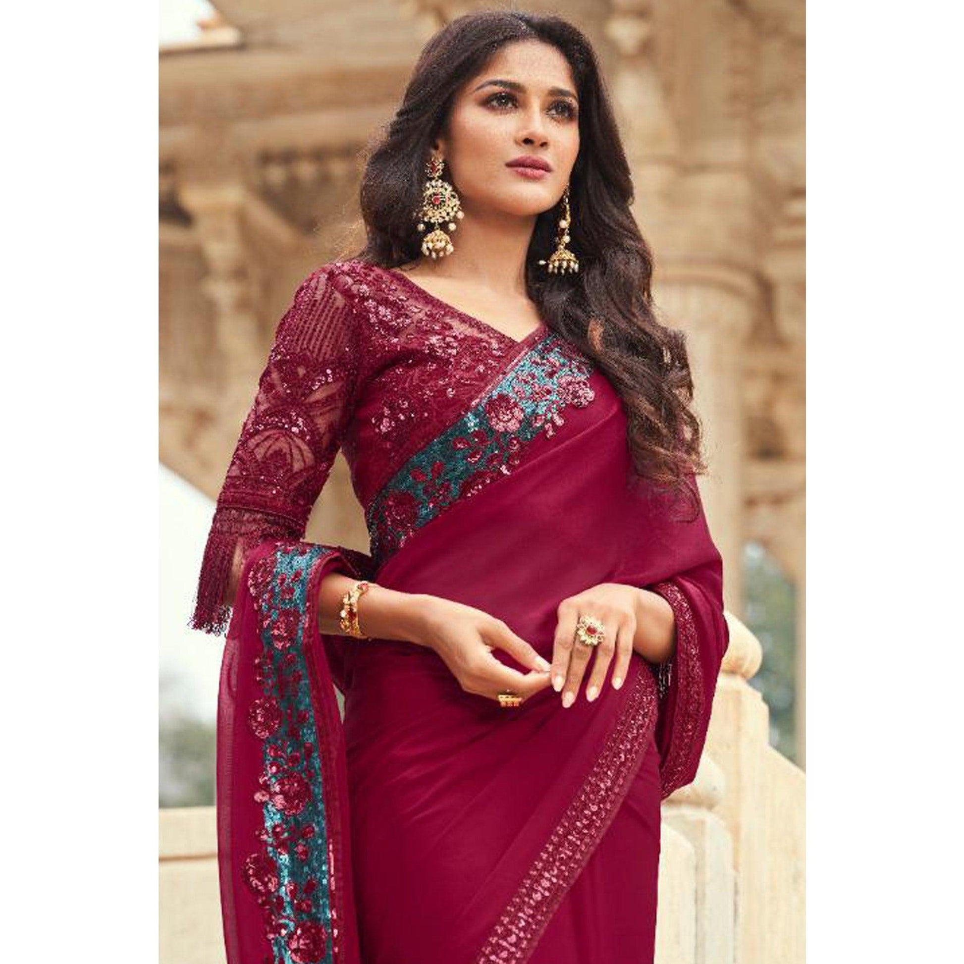 Dark Red Floral Sequins Embroidered Art SIlk Saree