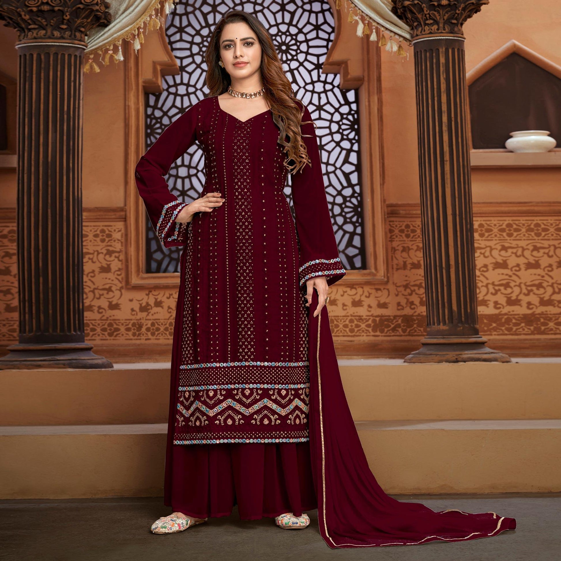 Dark Red Partywear Designer Embroidered Heavy Faux Georgette Palazzo Suit