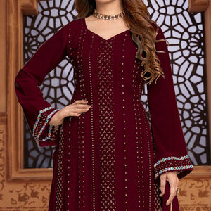 Dark Red Partywear Designer Embroidered Heavy Faux Georgette Palazzo Suit