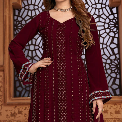 Dark Red Partywear Designer Embroidered Heavy Faux Georgette Palazzo Suit