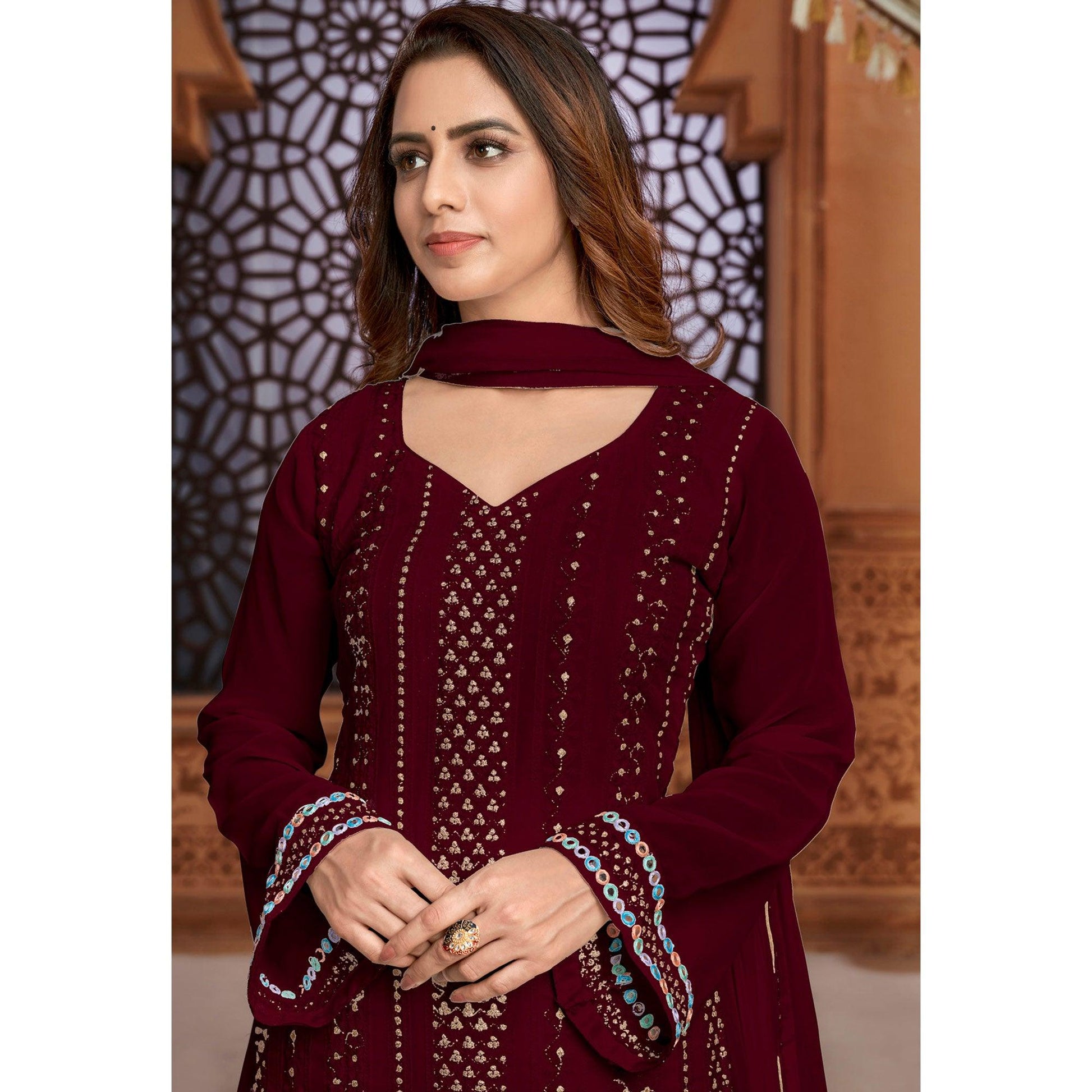 Dark Red Partywear Designer Embroidered Heavy Faux Georgette Palazzo Suit