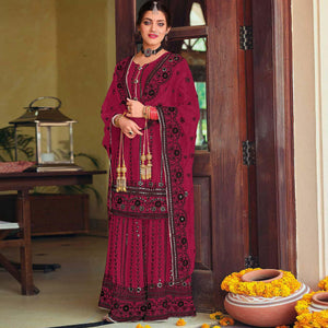 Dark Red Partywear Designer Floral Embroidered Georgette Palazzo Suit