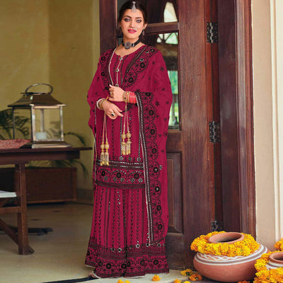 Dark Red Partywear Designer Floral Embroidered Georgette Palazzo Suit