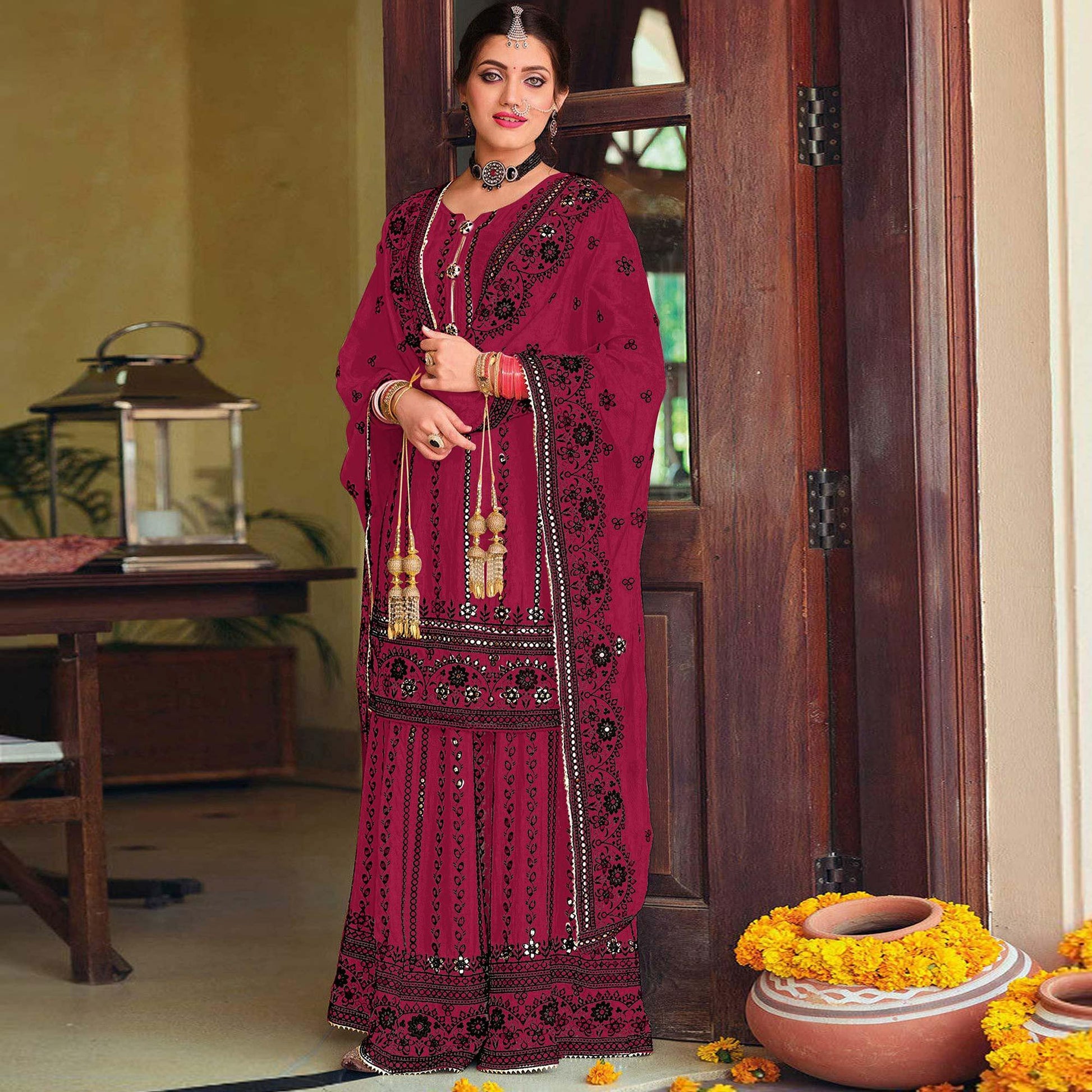 Dark Red Partywear Designer Floral Embroidered Georgette Palazzo Suit