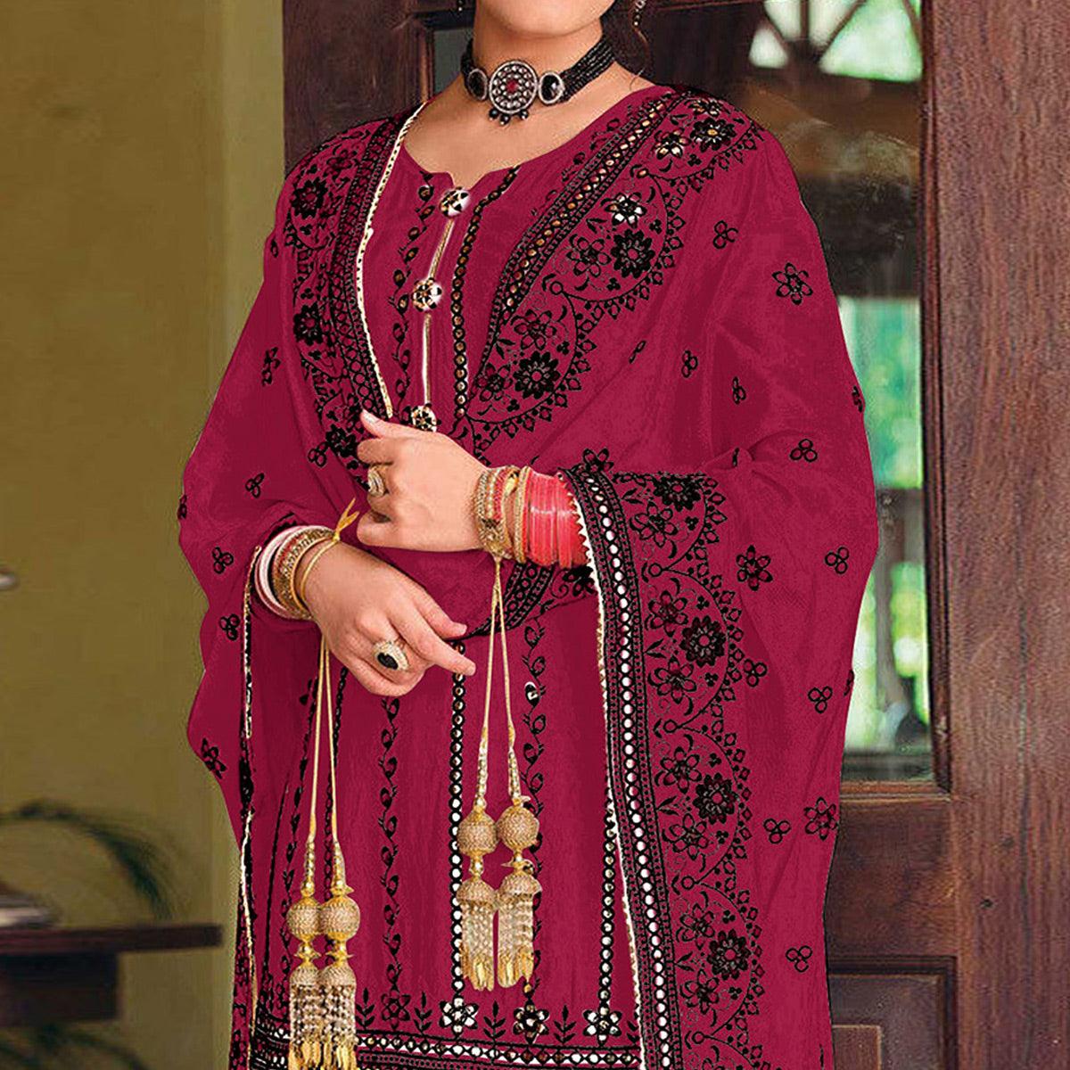 Dark Red Partywear Designer Floral Embroidered Georgette Palazzo Suit