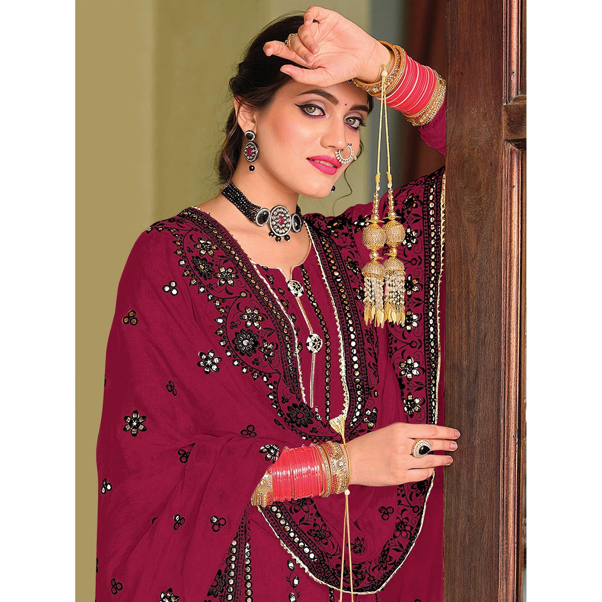 Dark Red Partywear Designer Floral Embroidered Georgette Palazzo Suit