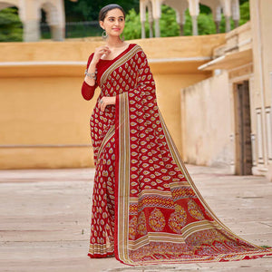 Dark Red Printed Georgette Saree