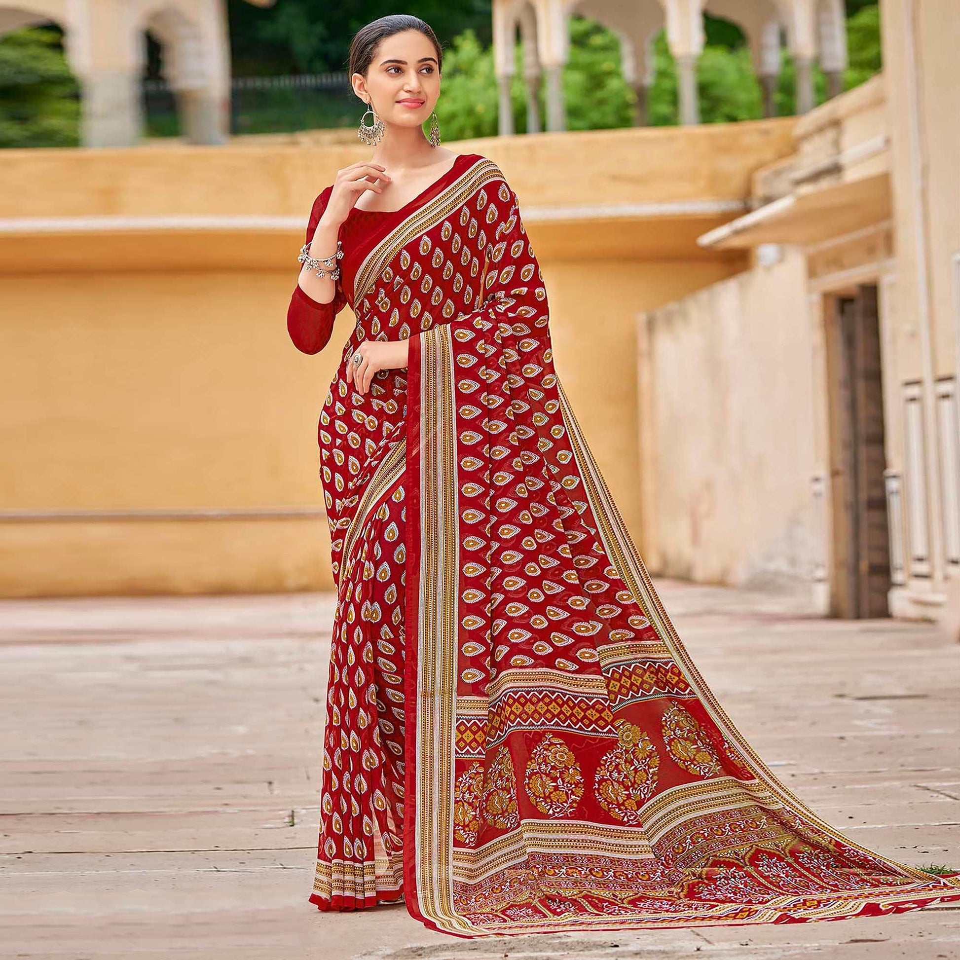 Dark Red Printed Georgette Saree