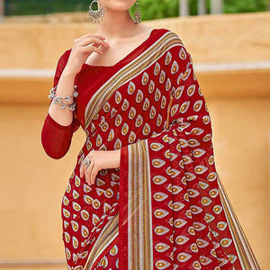 Dark Red Printed Georgette Saree