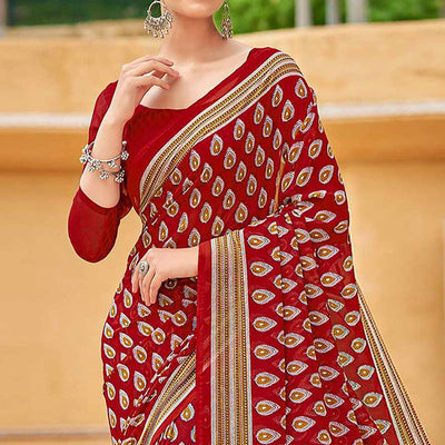 Dark Red Printed Georgette Saree
