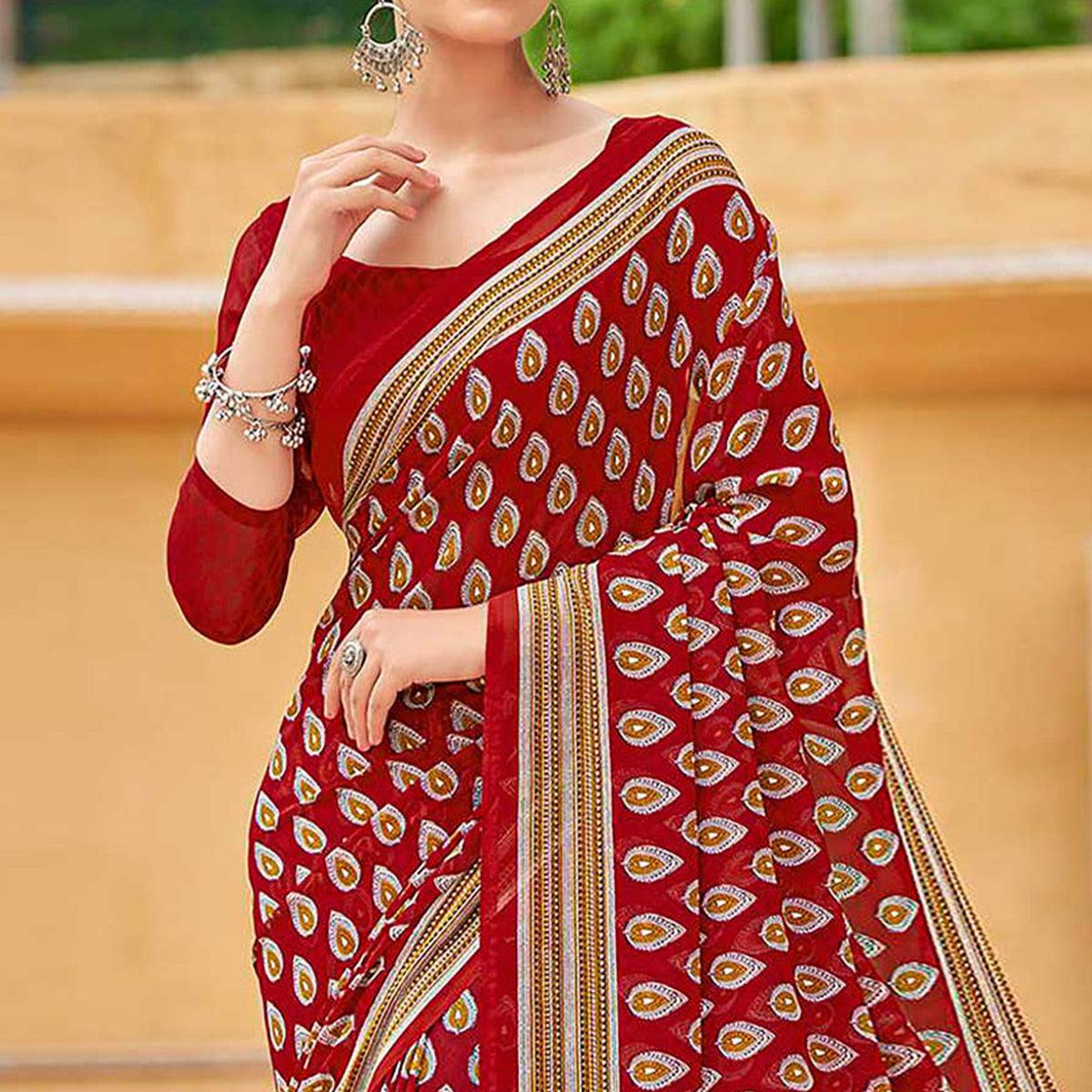 Dark Red Printed Georgette Saree