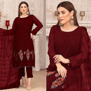 Dark Red Sequins With Floral Embroidered Georgette Pakistani Suit