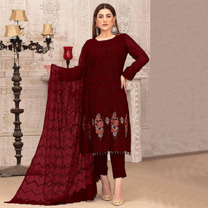 Dark Red Sequins With Floral Embroidered Georgette Pakistani Suit