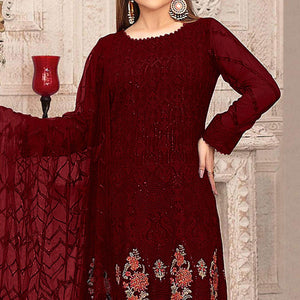 Dark Red Sequins With Floral Embroidered Georgette Pakistani Suit