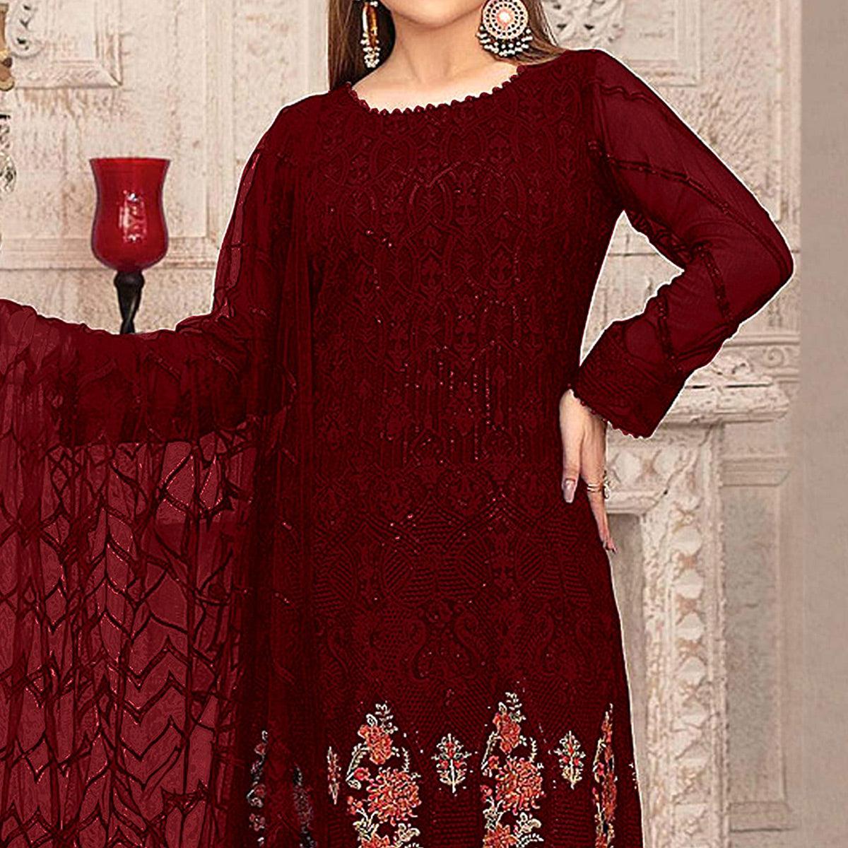 Dark Red Sequins With Floral Embroidered Georgette Pakistani Suit