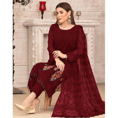 Dark Red Sequins With Floral Embroidered Georgette Pakistani Suit