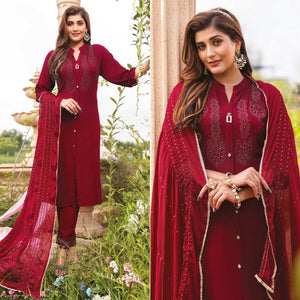 Dark Red Swarovski Work Rayon Salwar Suit