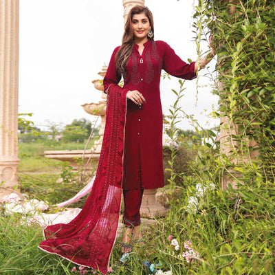 Dark Red Swarovski Work Rayon Salwar Suit