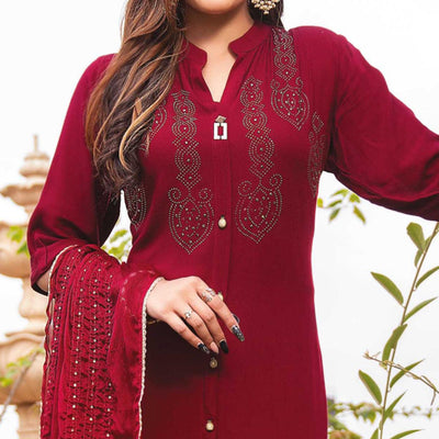 Dark Red Swarovski Work Rayon Salwar Suit