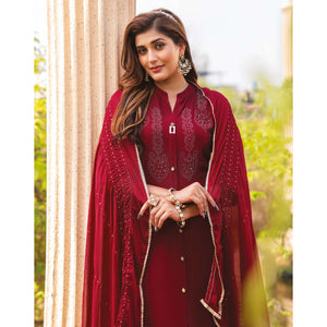 Dark Red Swarovski Work Rayon Salwar Suit