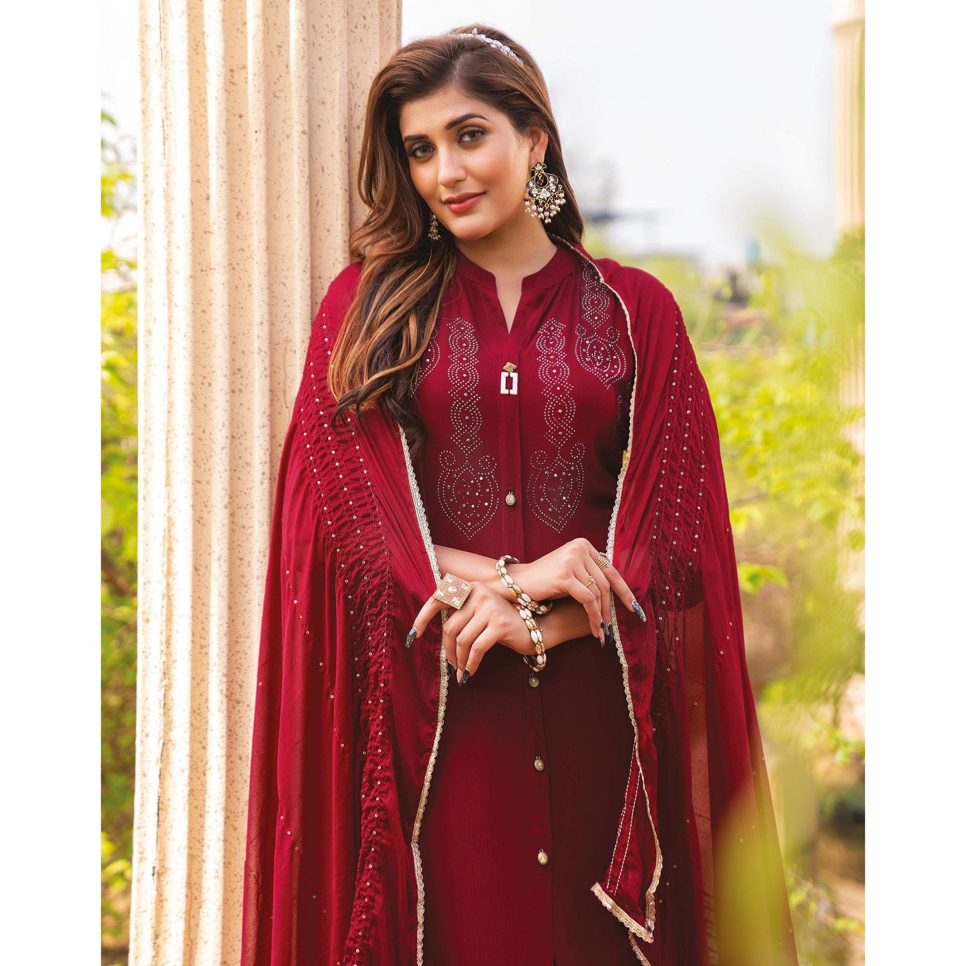 Dark Red Swarovski Work Rayon Salwar Suit
