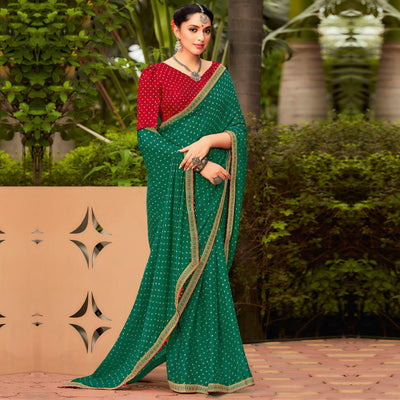 Dark Sea Green Partywear Dot Printed Chiffon Saree With Border