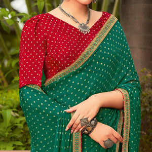 Dark Sea Green Partywear Dot Printed Chiffon Saree With Border