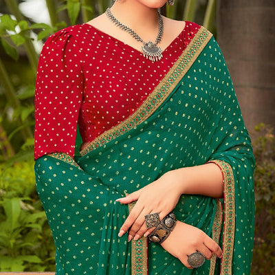 Dark Sea Green Partywear Dot Printed Chiffon Saree With Border