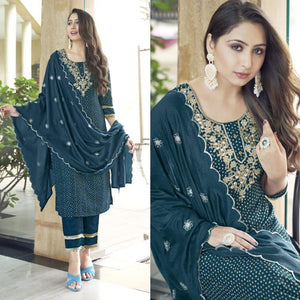 Dark Teal Blue Bandhani Printed With Gota Patti Muslin Salwar Suit