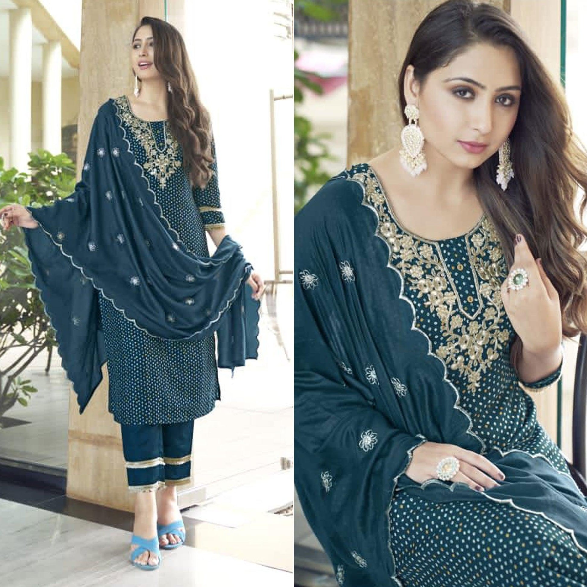 Dark Teal Blue Bandhani Printed With Gota Patti Muslin Salwar Suit