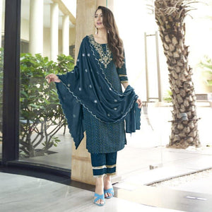 Dark Teal Blue Bandhani Printed With Gota Patti Muslin Salwar Suit