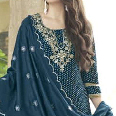 Dark Teal Blue Bandhani Printed With Gota Patti Muslin Salwar Suit