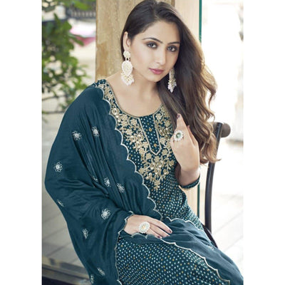 Dark Teal Blue Bandhani Printed With Gota Patti Muslin Salwar Suit