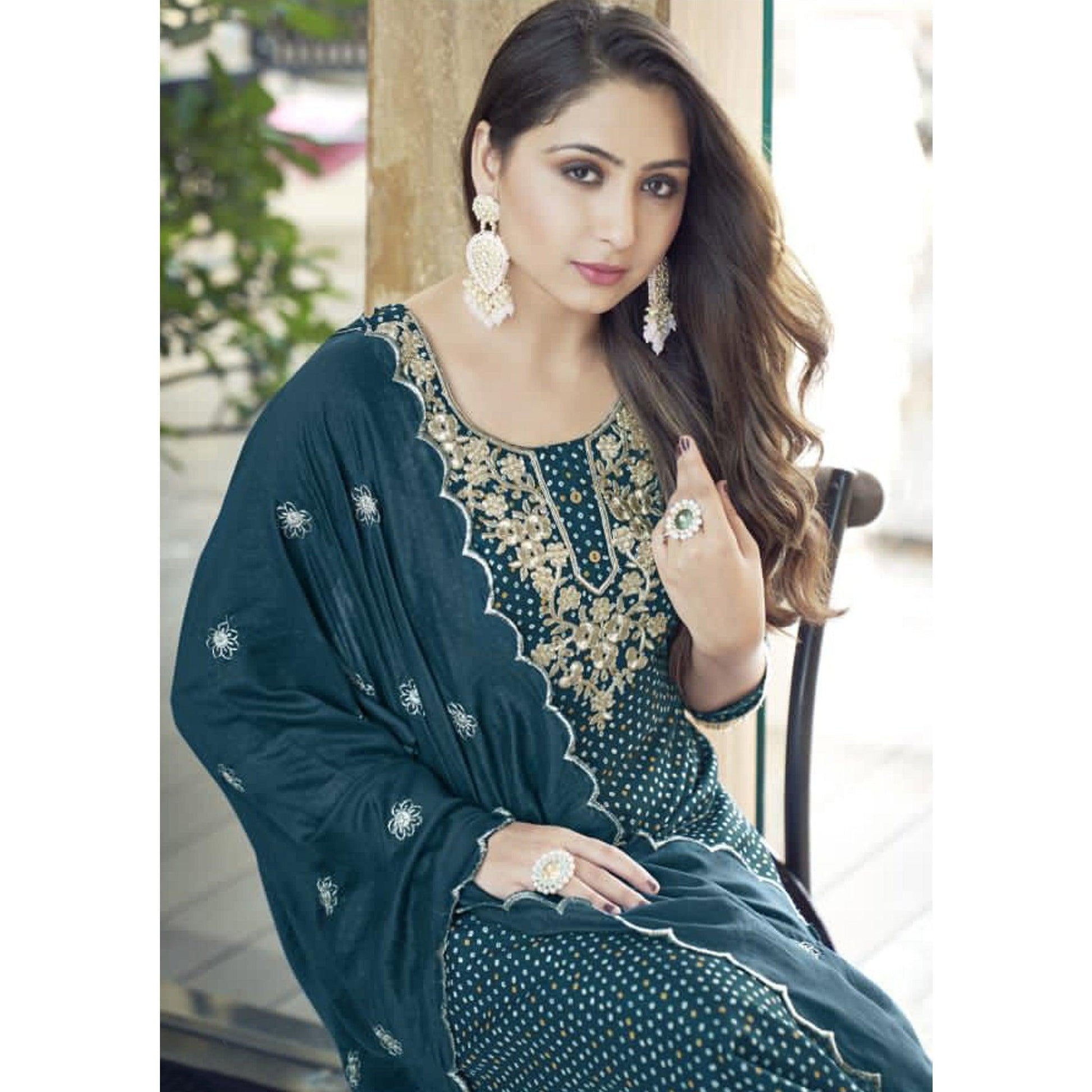 Dark Teal Blue Bandhani Printed With Gota Patti Muslin Salwar Suit