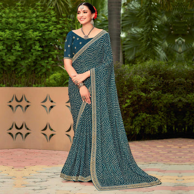 Dark Teal Blue Partywear Printed Chiffon Saree With Border