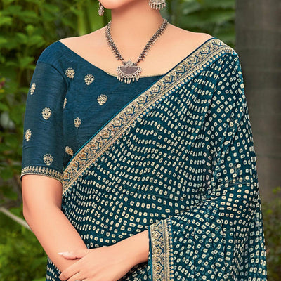 Dark Teal Blue Partywear Printed Chiffon Saree With Border